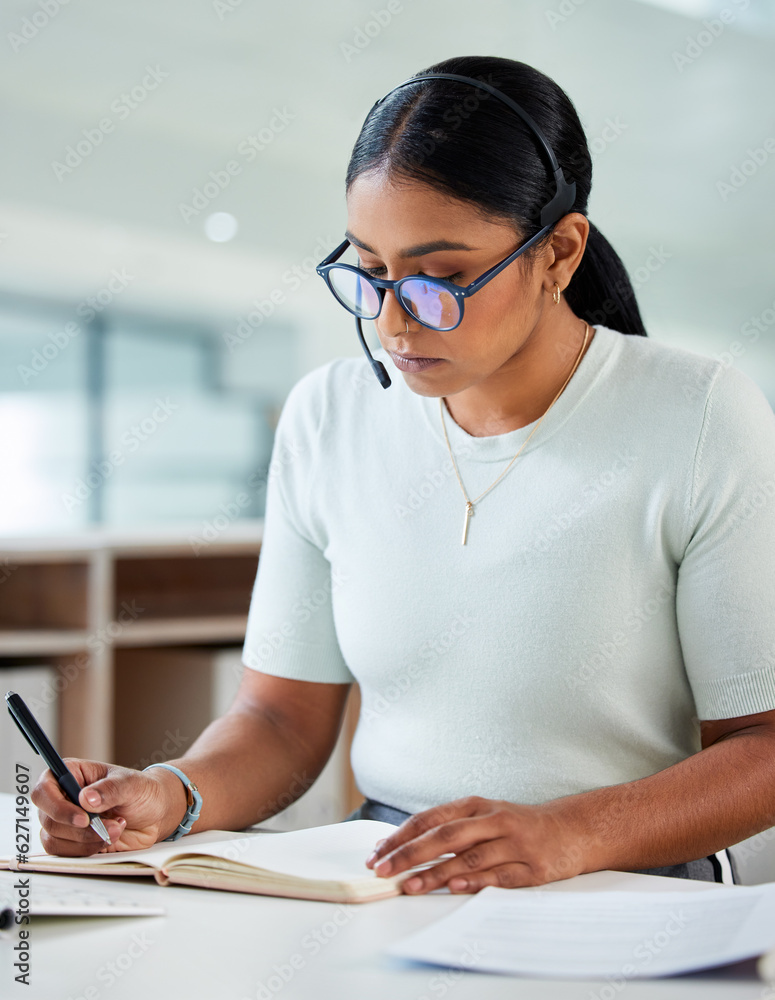 Crm, woman consultant and call center writing in a office with telemarketing information. Female wor