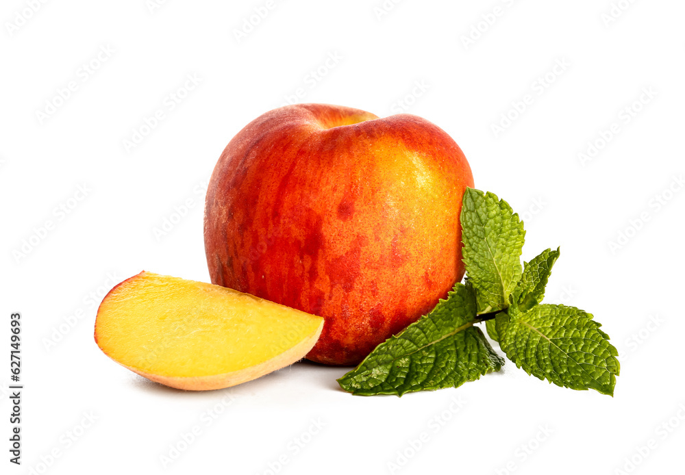 Fresh peach and mint on white background