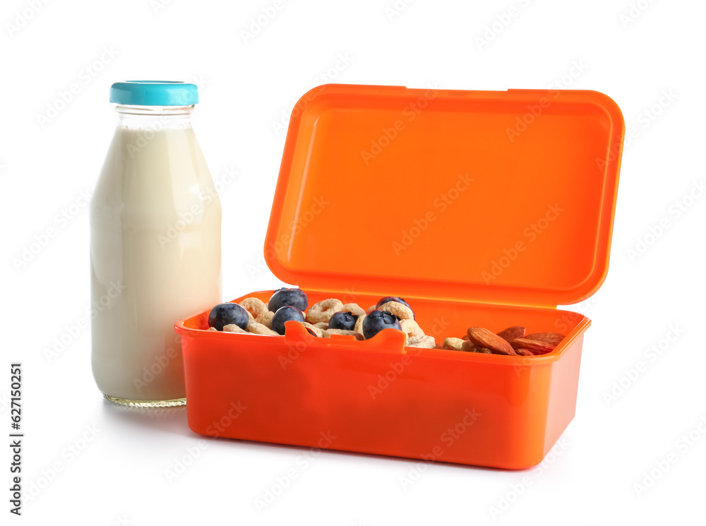 Lunchbox with delicious food and bottle of milk isolated on white background