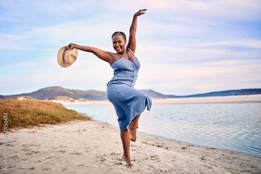 Portrait, excited and black woman dancing, beach and movement with happiness, tropical island or sun