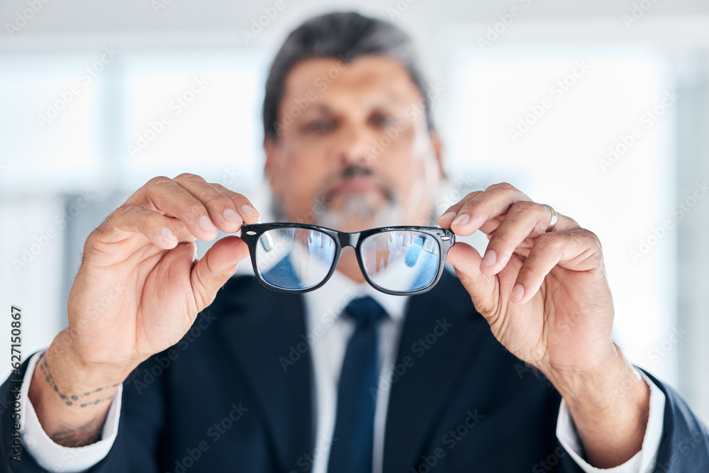 Man, hands and holding glasses at work for vision, bluelight security and cleaning lens. Closeup, bo