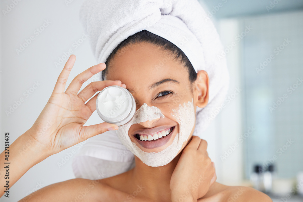 Portrait, happy woman and towel with mask, jar and skincare product in bathroom for face, cosmetics 