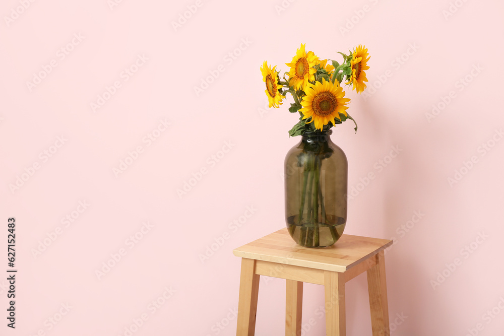 Vase with beautiful sunflowers on stool near pink wall in room