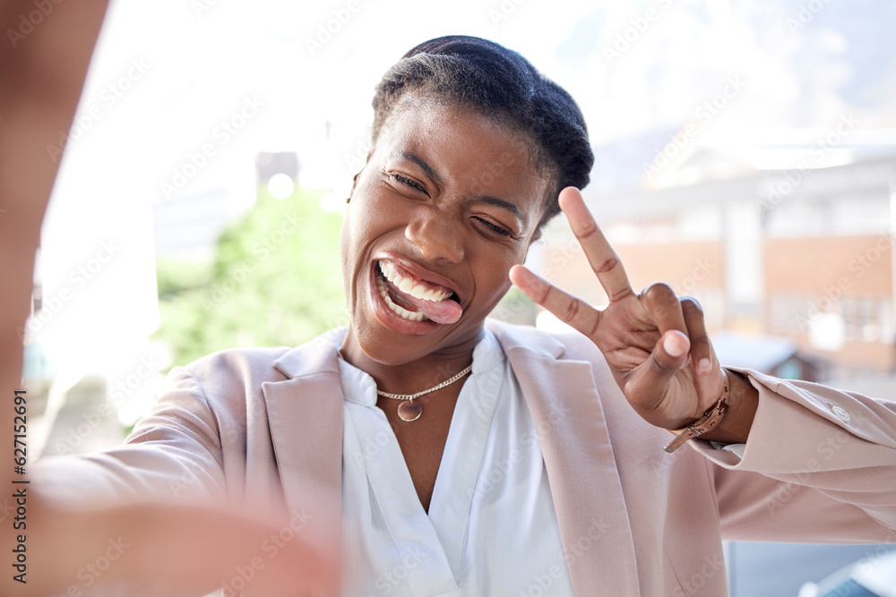 Happy black woman, peace sign and selfie in city with tongue out for photograph, memory or vlog outd