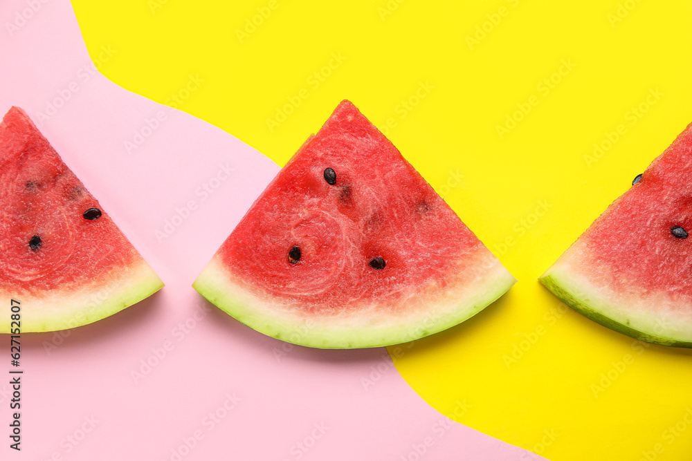 Composition with pieces of ripe watermelon on color background, closeup