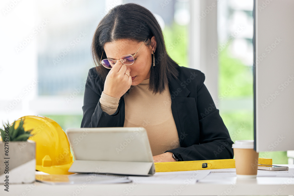 Mental health, architect burnout and woman stress over development project, floor plan analysis or d