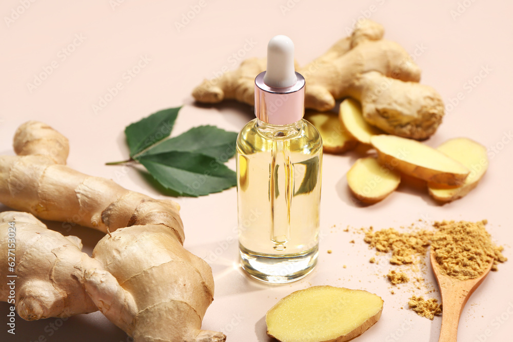 Bottle of ginger cosmetic oil and wooden spoon with dried powder on pink background