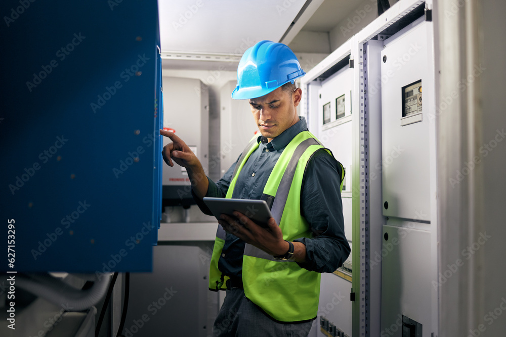 Electrician, tablet and technician with man in control room for inspection, quality assurance and en