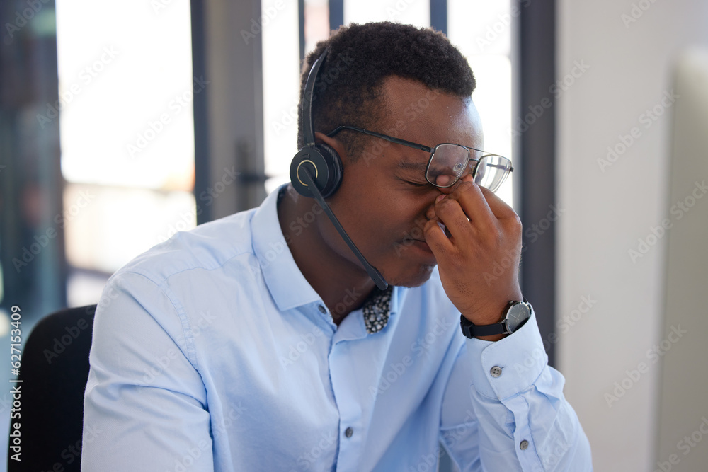 Customer support, call center burnout or black man stress over communication mistake, networking pro