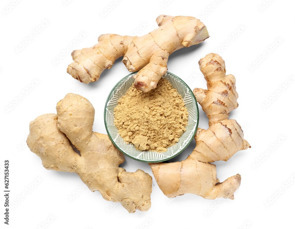 Fresh ginger roots and bowl with dried powder on white background