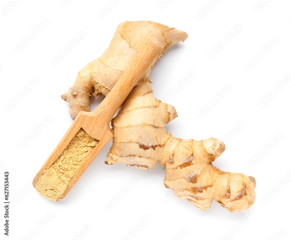 Fresh ginger roots and wooden scoop with dried powder on white background