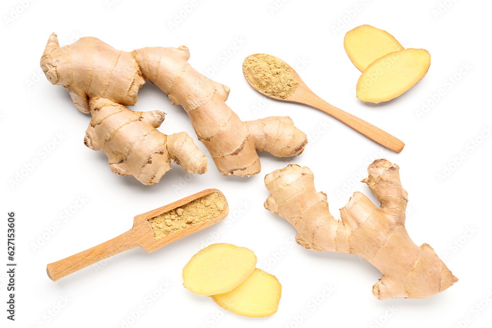 Fresh ginger roots with wooden spoon  and scoop of dried powder on white background