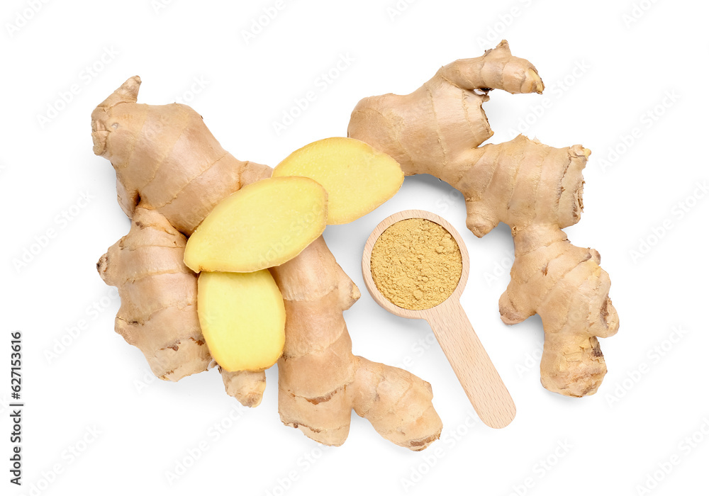 Fresh ginger roots and wooden spoon with dried powder on white background