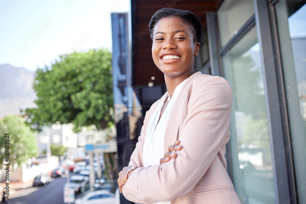 Black woman in city, arms crossed and business employee with smile in portrait outdoor, career succe