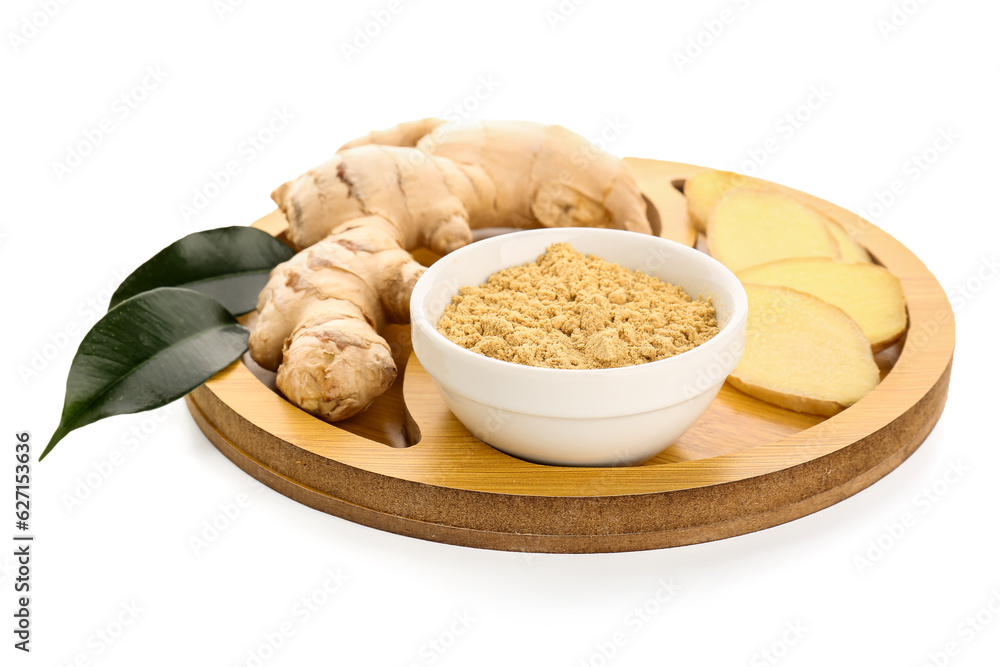 Wooden board with fresh ginger root and bowl of dried powder on white background