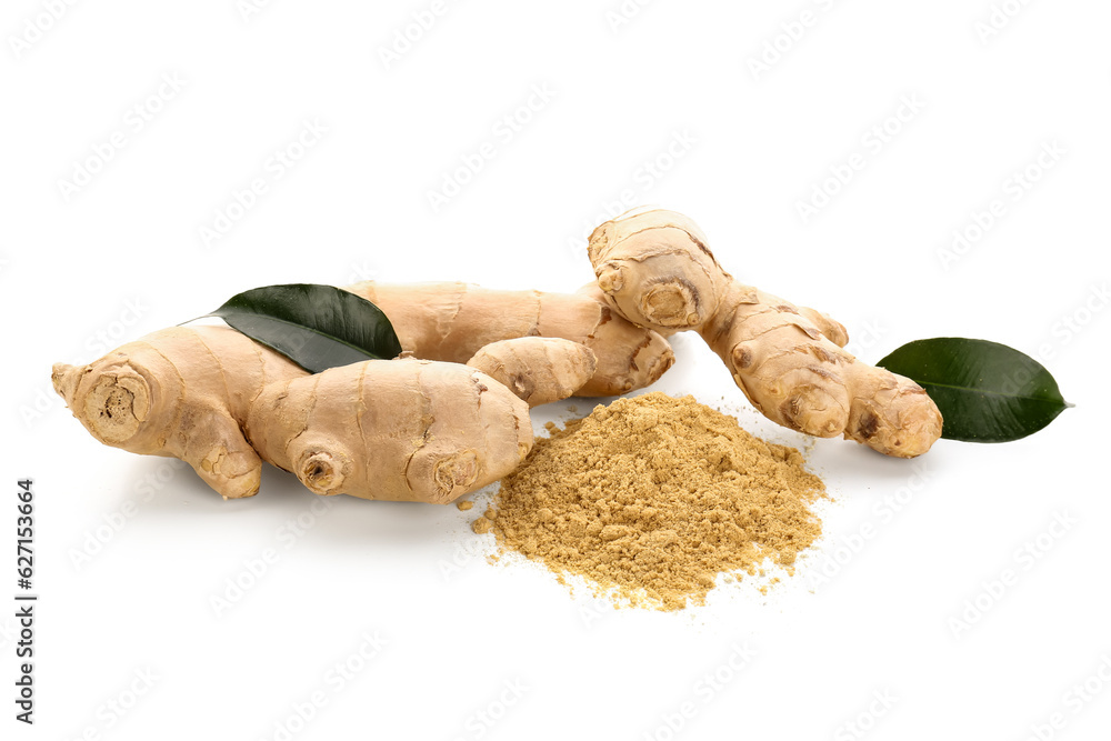 Fresh ginger roots and dried powder on white background