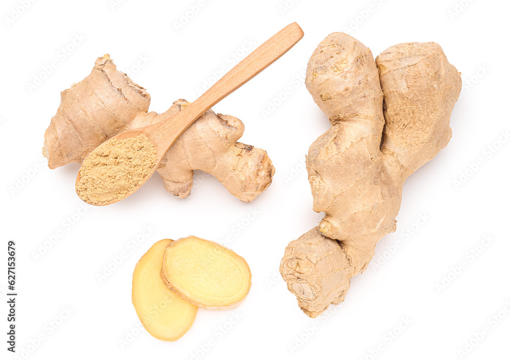 Fresh ginger roots and wooden spoon with dried powder on white background