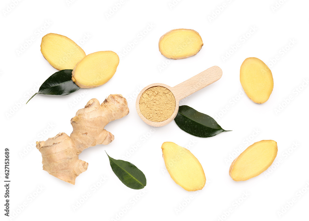 Fresh ginger root and wooden spoon with dried powder on white background