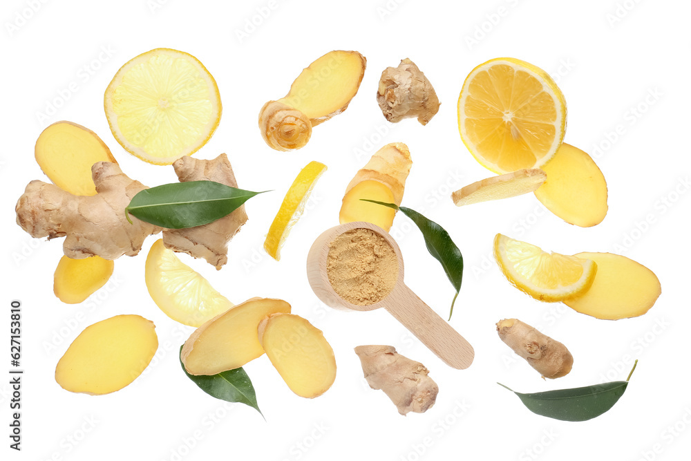 Flying slices of fresh ginger root and wooden spoon with dried powder on white background