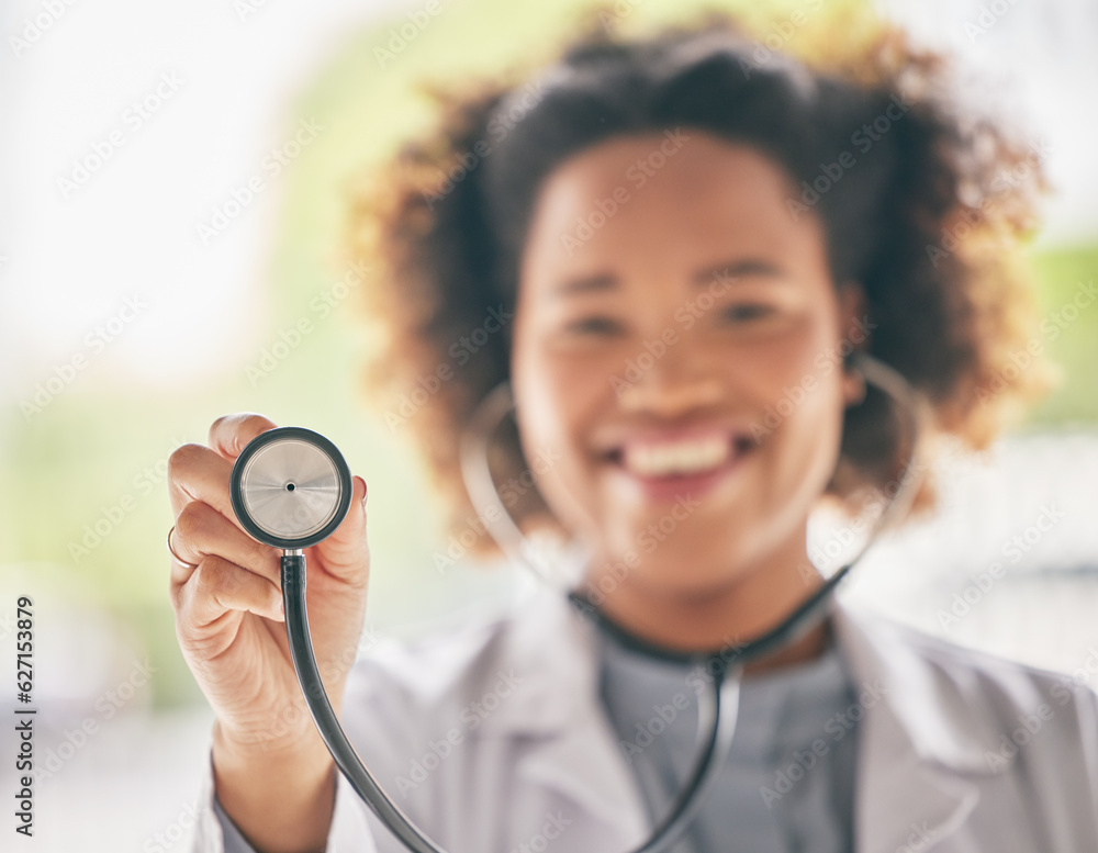 Healthcare, stethoscope and cardiology with a doctor in the hospital for a routine checkup during an