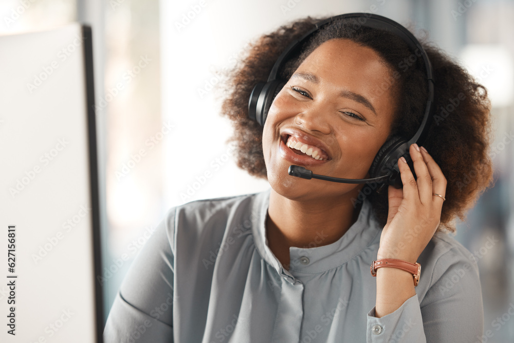 Woman, portrait and call center with smile in office, headphones and microphone for young crm. Afric