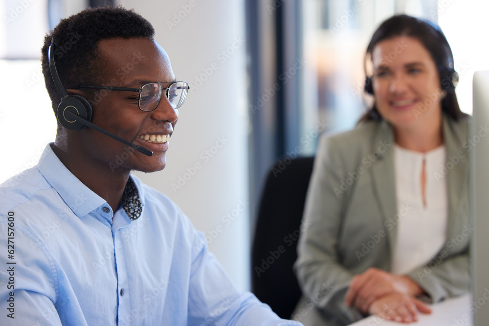 Customer service, callcenter or happy people, black man or business agent consulting on help desk co