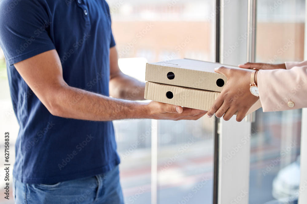 Pizza, man and hands with customer for delivery in ecommerce with box for order at door. Male worker