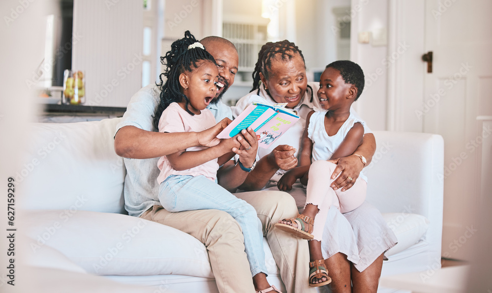 Learning, reading book and black family with surprise on sofa in home living room. African grandpa, 