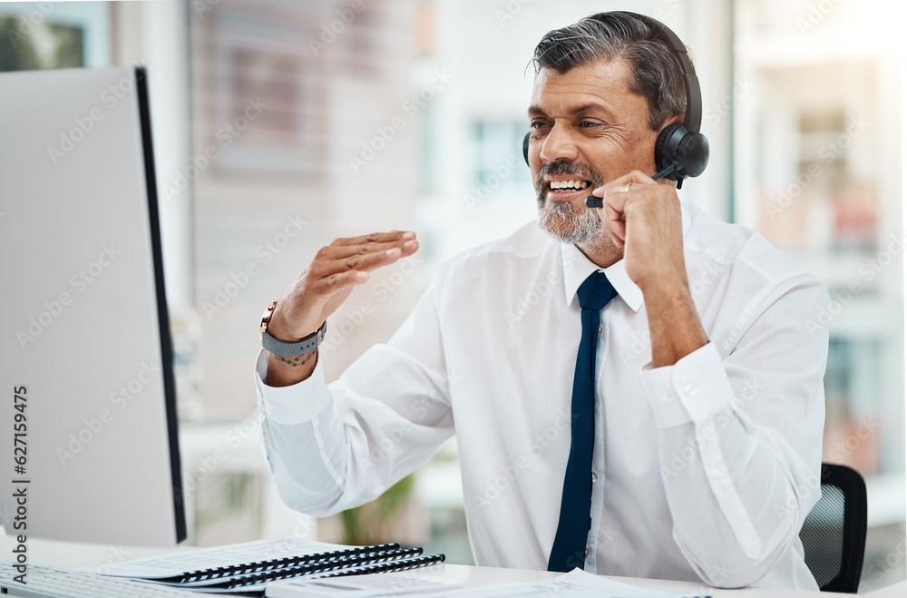 Computer, call center and mature man talking for business, customer service or listen for support. C