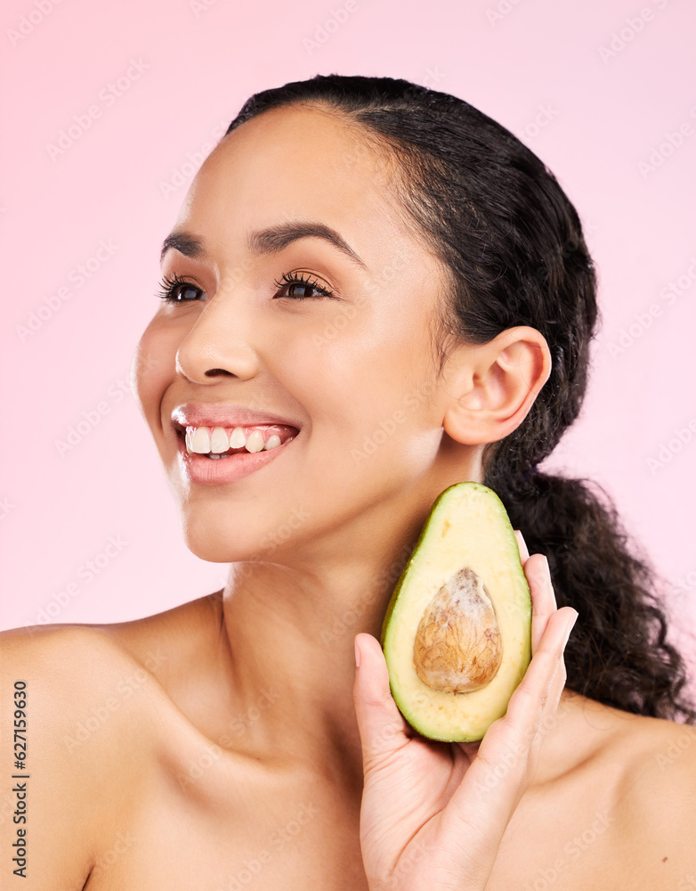 Avocado, skincare and happy woman thinking of healthy facial, natural cosmetics and beauty ideas. Yo