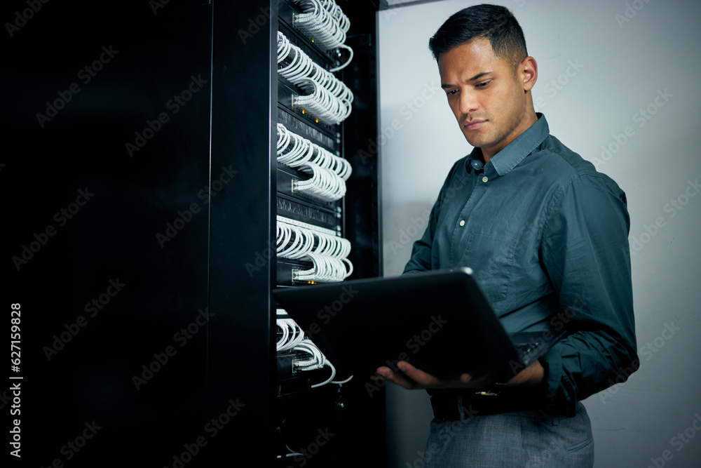 IT engineer man, laptop and server for inspection, thinking or troubleshooting with analysis, night 