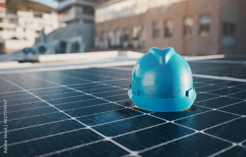 Construction, building and a hat for solar panel on a roof for engineering or a sustainability job. 