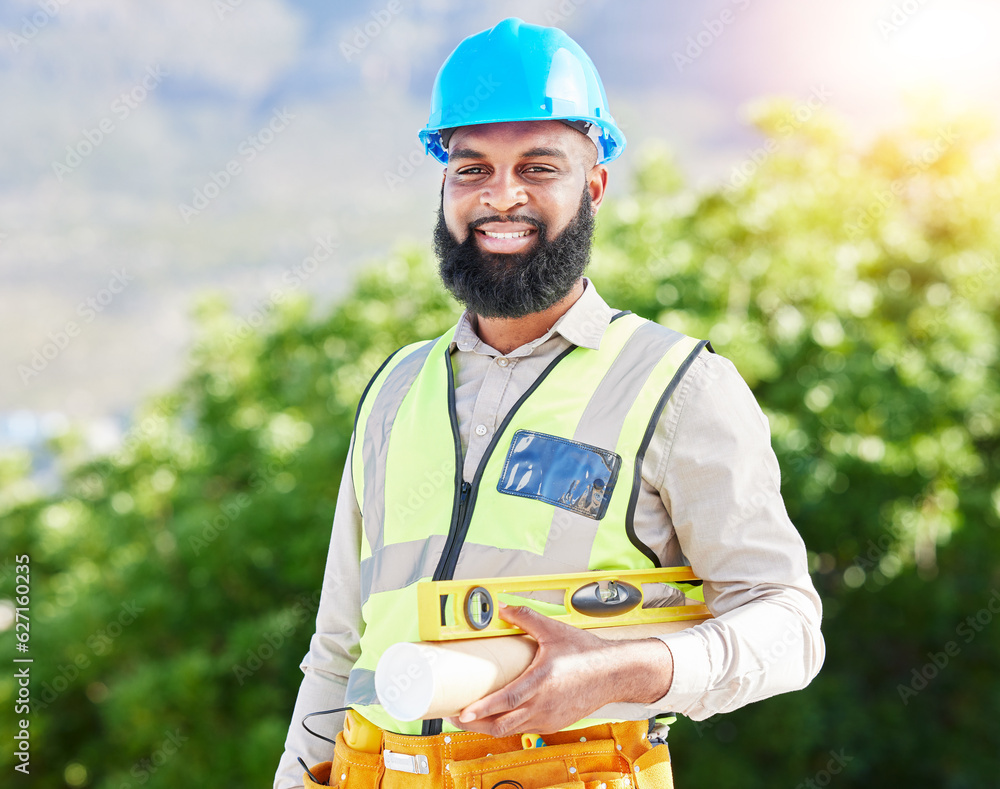 Construction worker, man portrait and architect inspection with industrial employee with tools. Afri