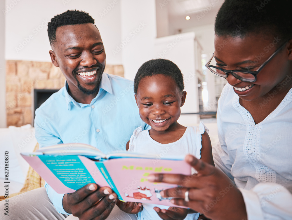 Reading, parents and girl with book in living room for bonding, quality time and child development. 