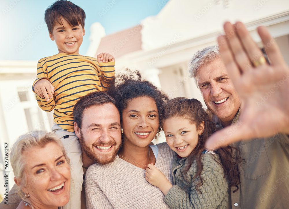 Selfie, portrait and family, generations and happiness, grandparents with parents and children for s