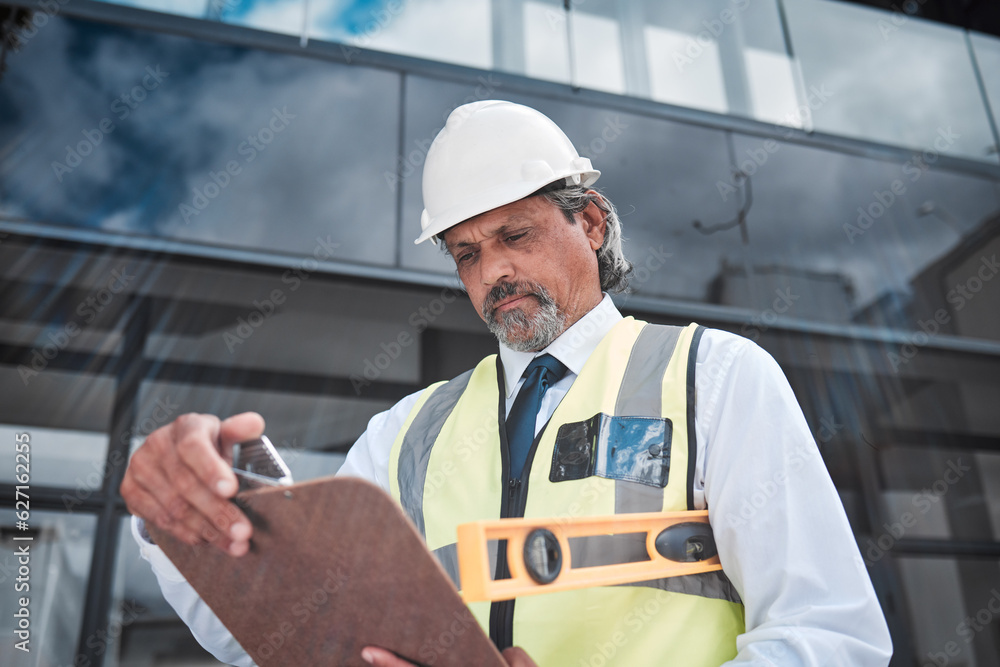 Engineering, checklist and man for construction site inspection, compliance or project management in