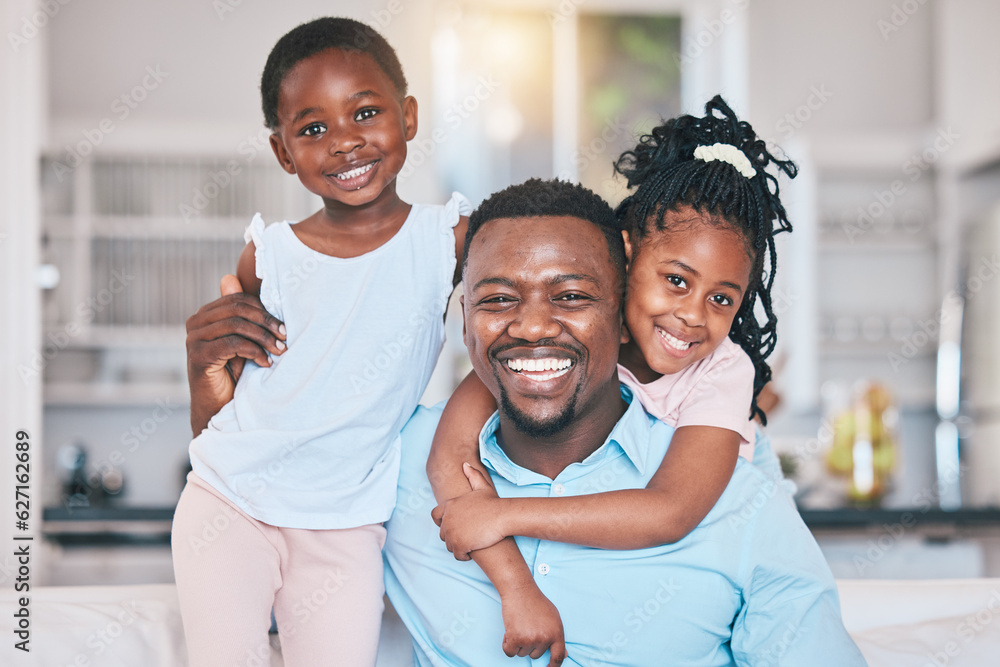 Father, happy and portrait of black children in home, bonding and relax together. African dad, face 