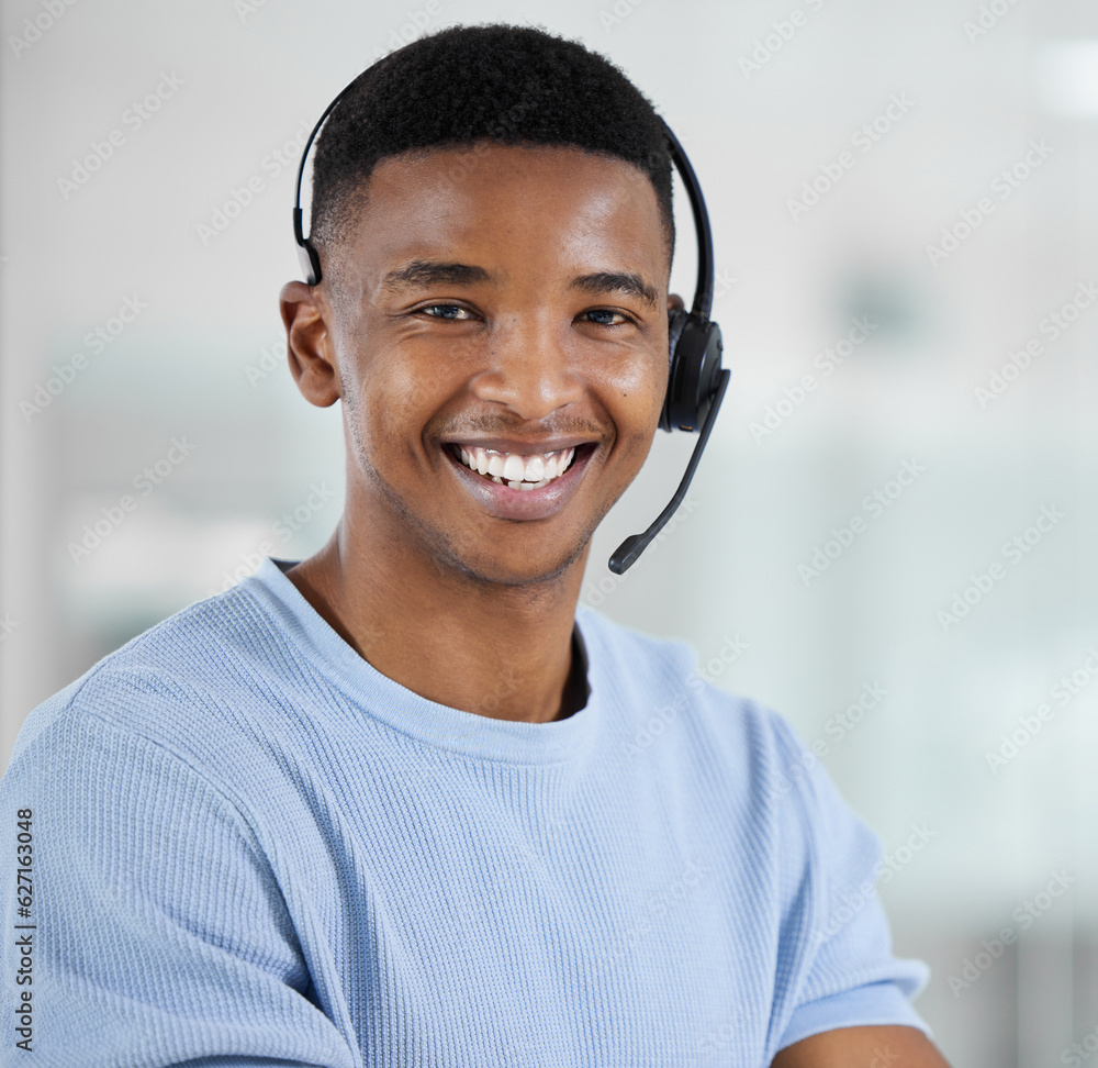 Portrait, customer service and arms crossed with a black man consultant standing in his office for s