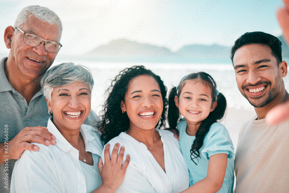 Family selfie, generations and portrait, people on beach with grandparents, parents and children bon