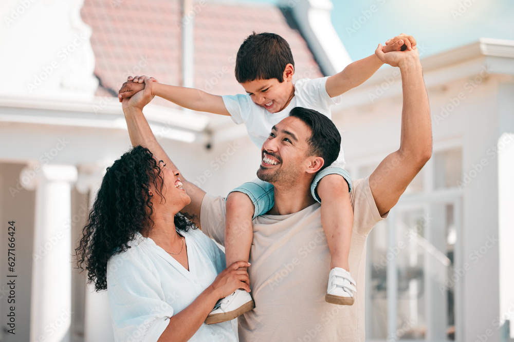 Happy, love and young family bonding outdoor in the backyard of their modern house. Happiness, smile