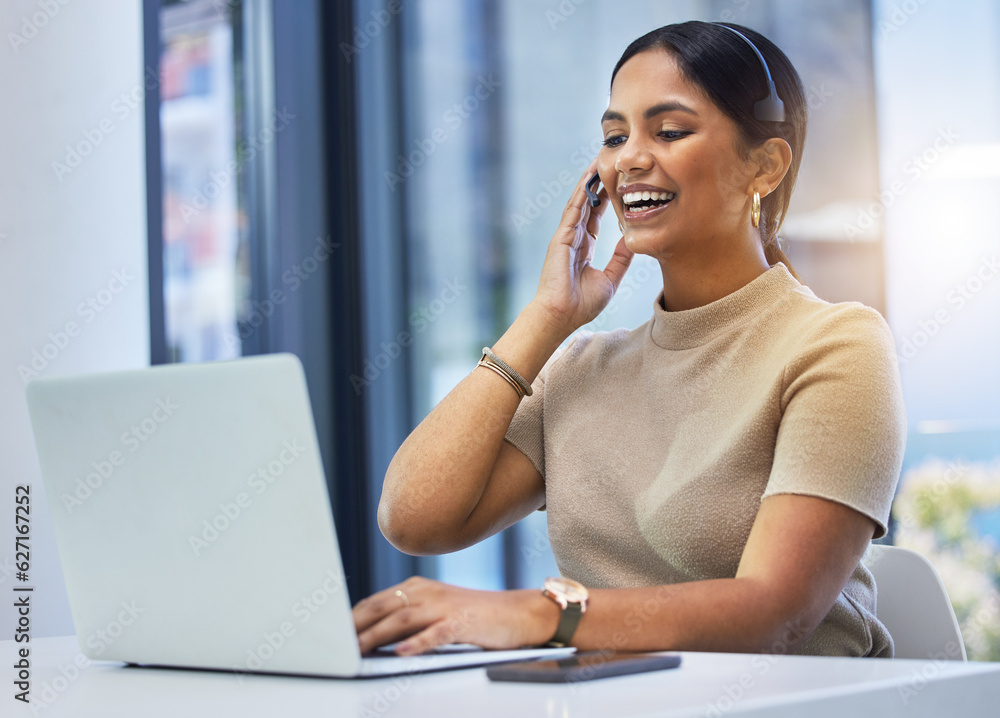 Agent, happy woman and video call at laptop in office for customer service, sales consulting and que