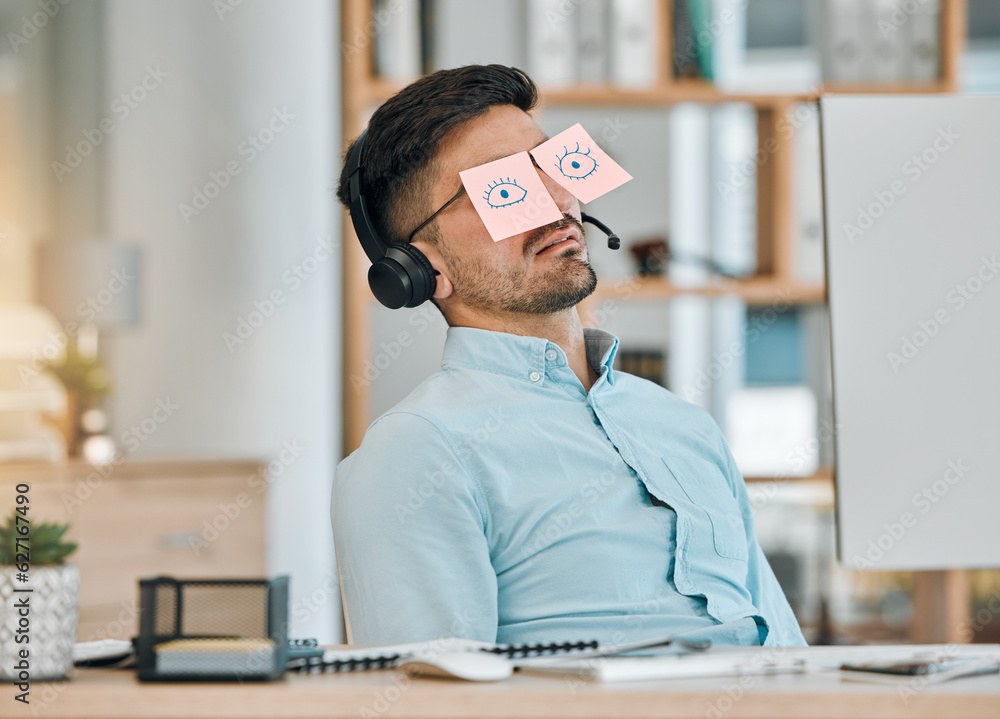 Tired, sleeping and business man with sticky note eyes from low energy and burnout at office desk. F