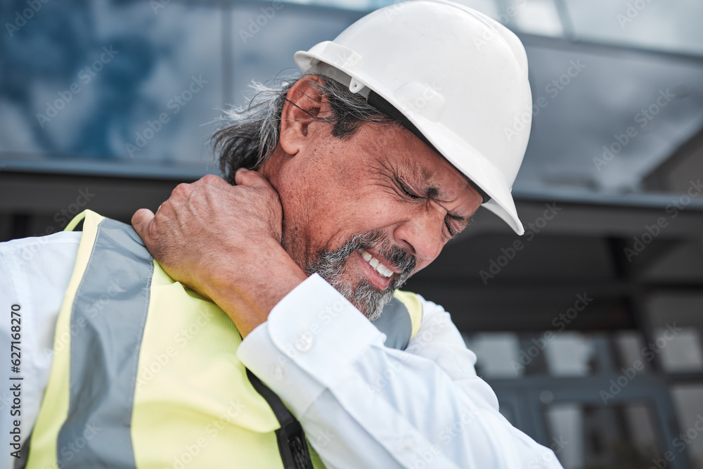 Engineering, man and neck pain for construction building, labor and project management at outdoor ci