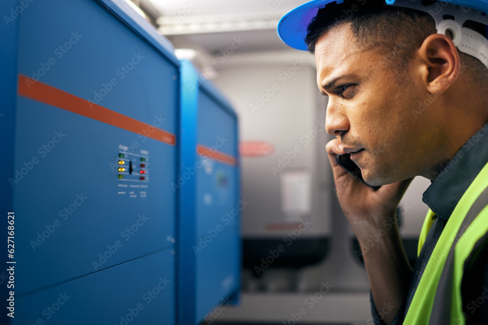 Phone call, man and check with engineer on power box, control room or technician with switchboard or