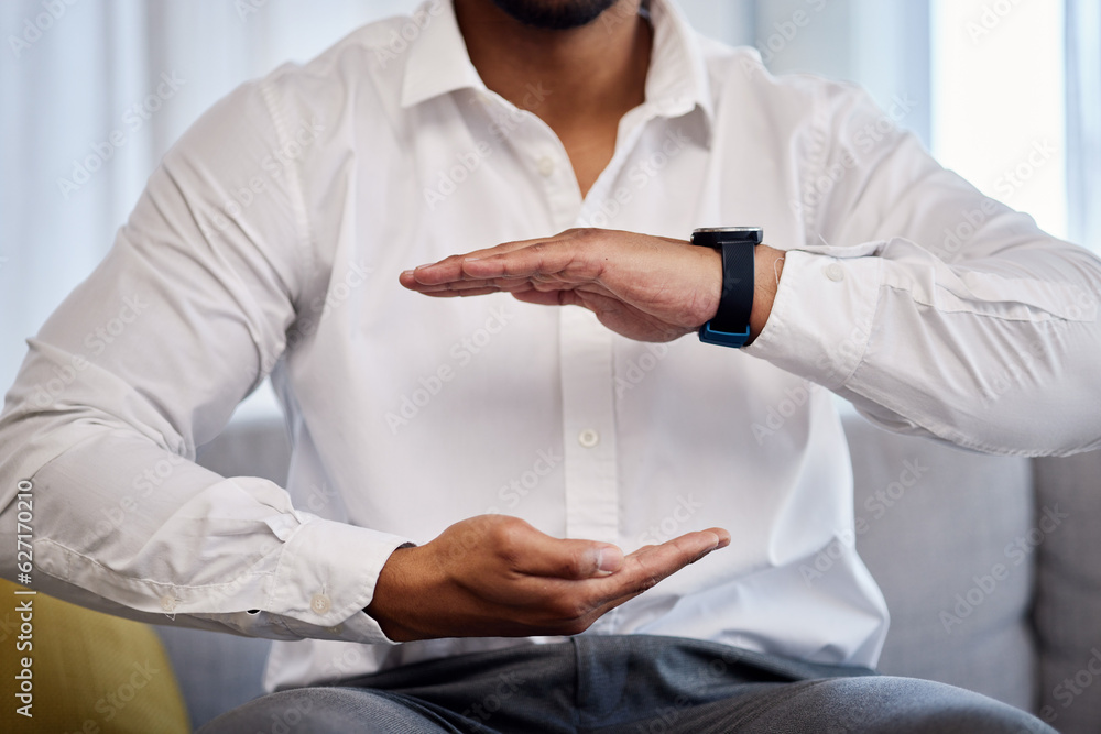 Hands, mockup and product with a business man sitting on the sofa in an office to offer insurance or