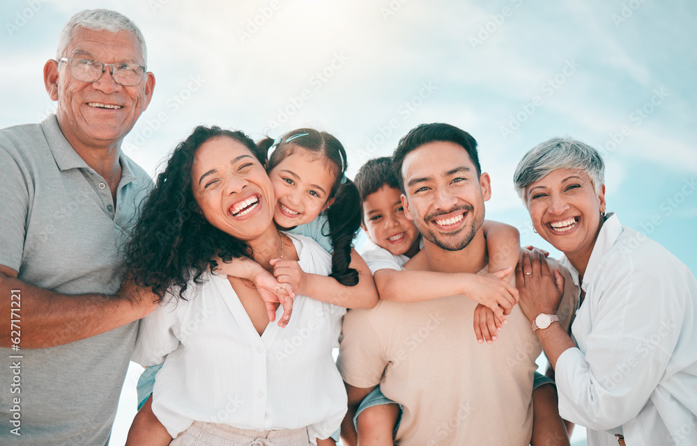 Family, generations and portrait, people in nature and smile with grandparents, parents and children