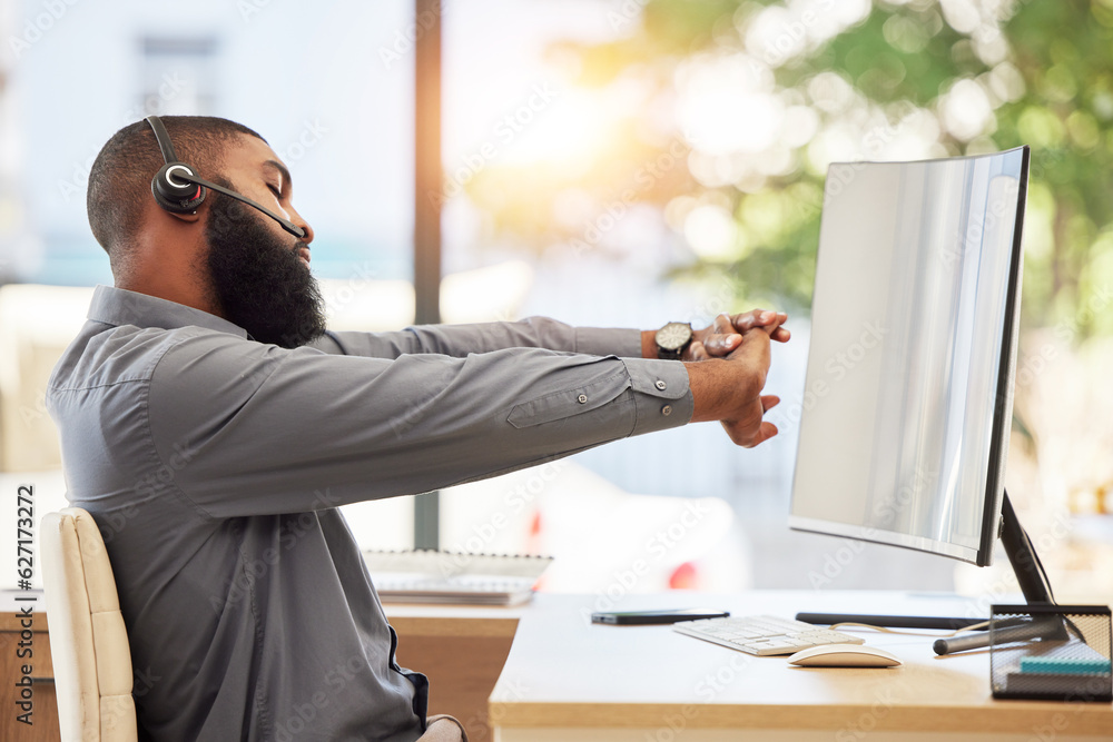 Call center computer, customer support or black man stretching for ergonomic health in CRM telemarke