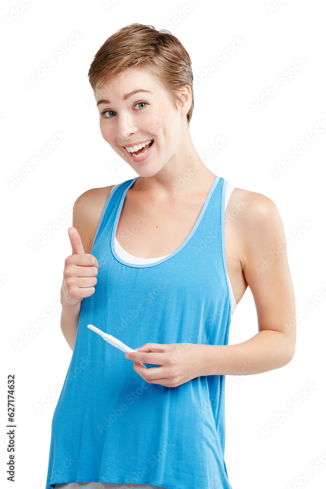 Portrait, thumbs up and pregnancy test with a woman in studio isolated on a white background for pre