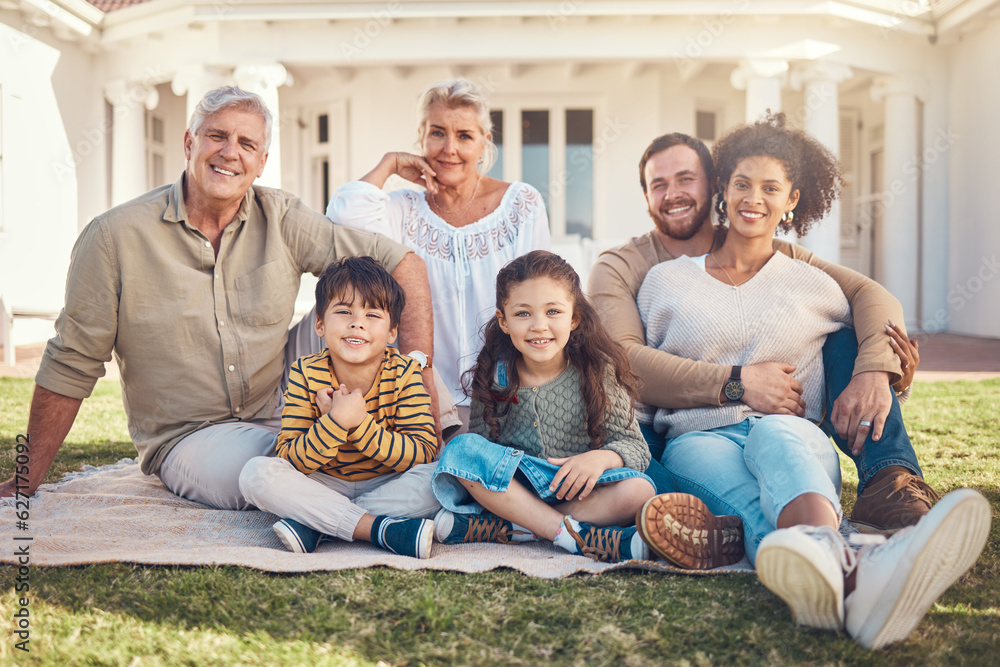 Family, portrait and happiness, people relax on lawn and love, grandparents and parents with childre