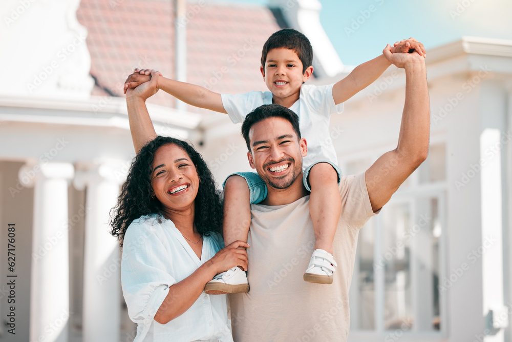 Happy, love and portrait of a family in the backyard for outdoor fresh air by their modern house. Ha